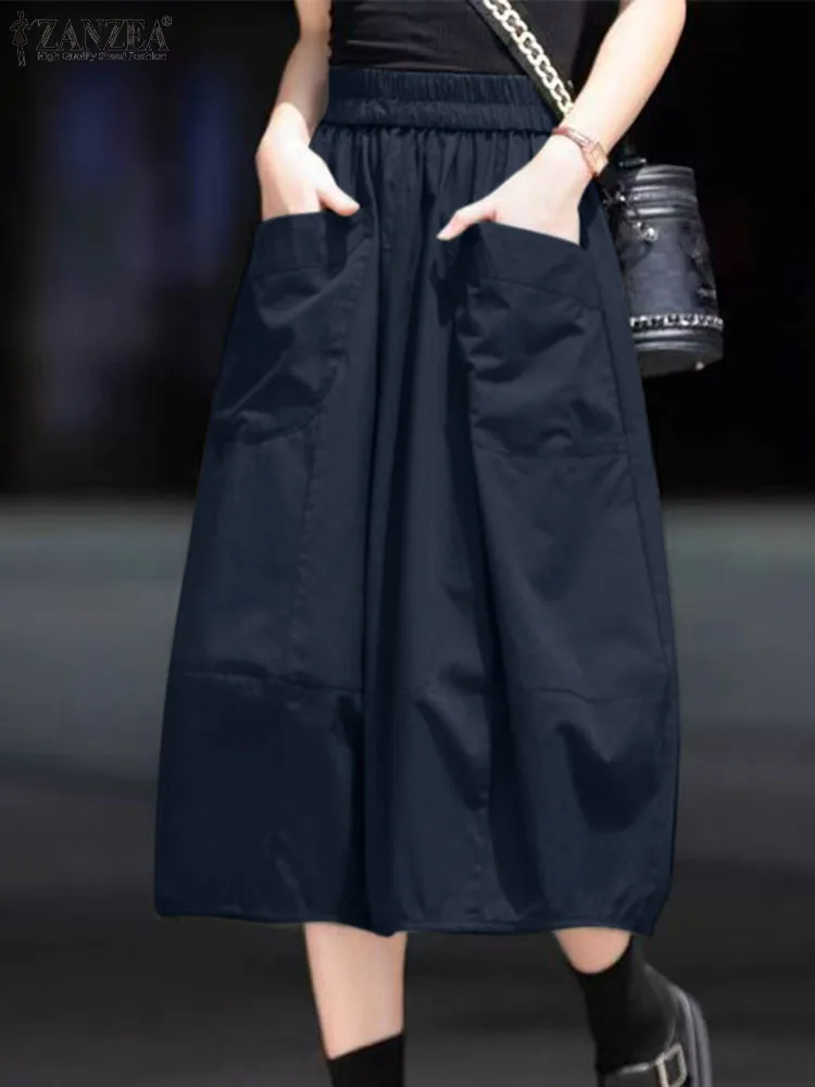 ZANZEA Женская прямая повседневная юбка из полиэстера длиной до середины икры с