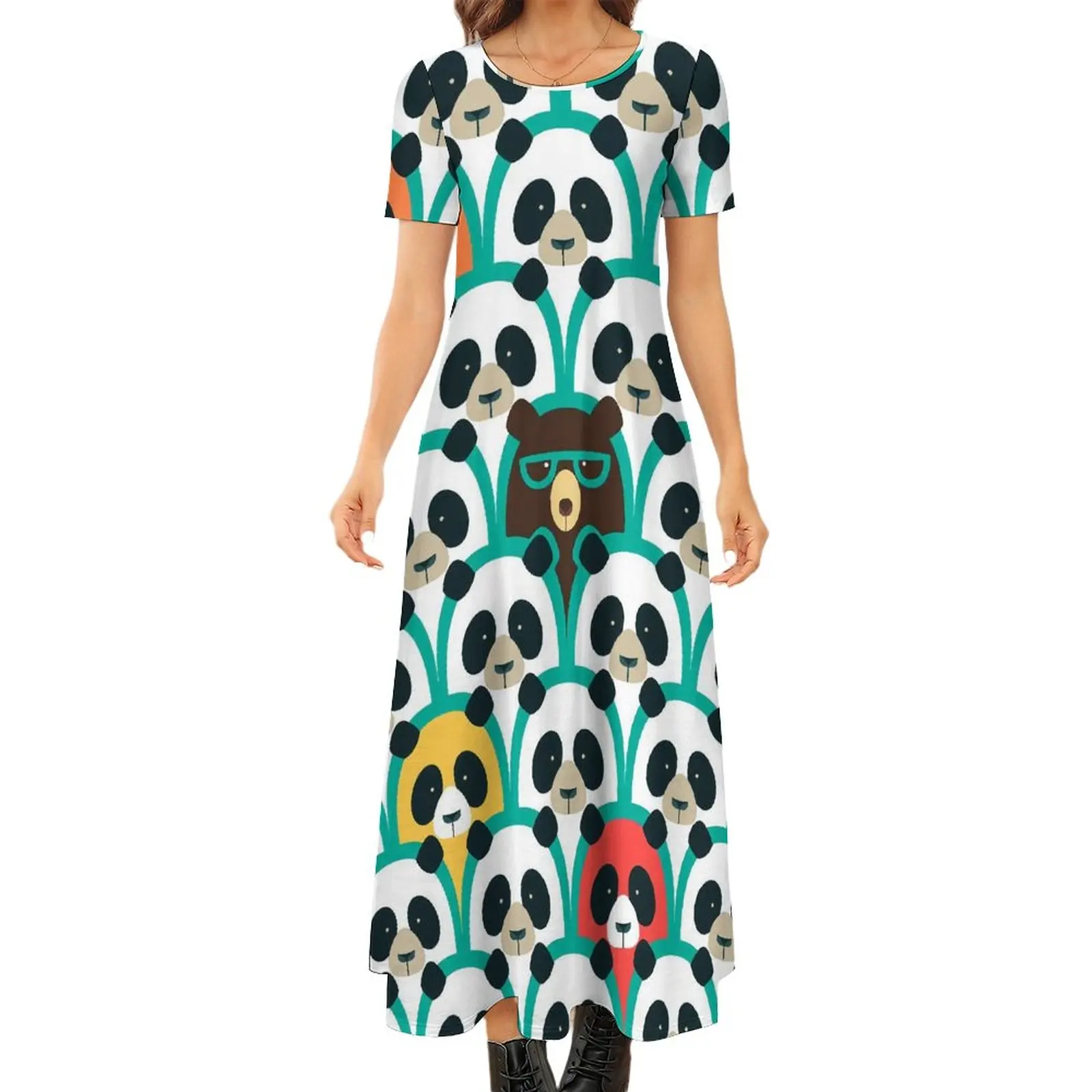 

Pop Art Panda Dress Cool Animal Print Party Maxi Dress Short Sleeve Street Style Bohemia Long Dresses Women Oversize Clothes