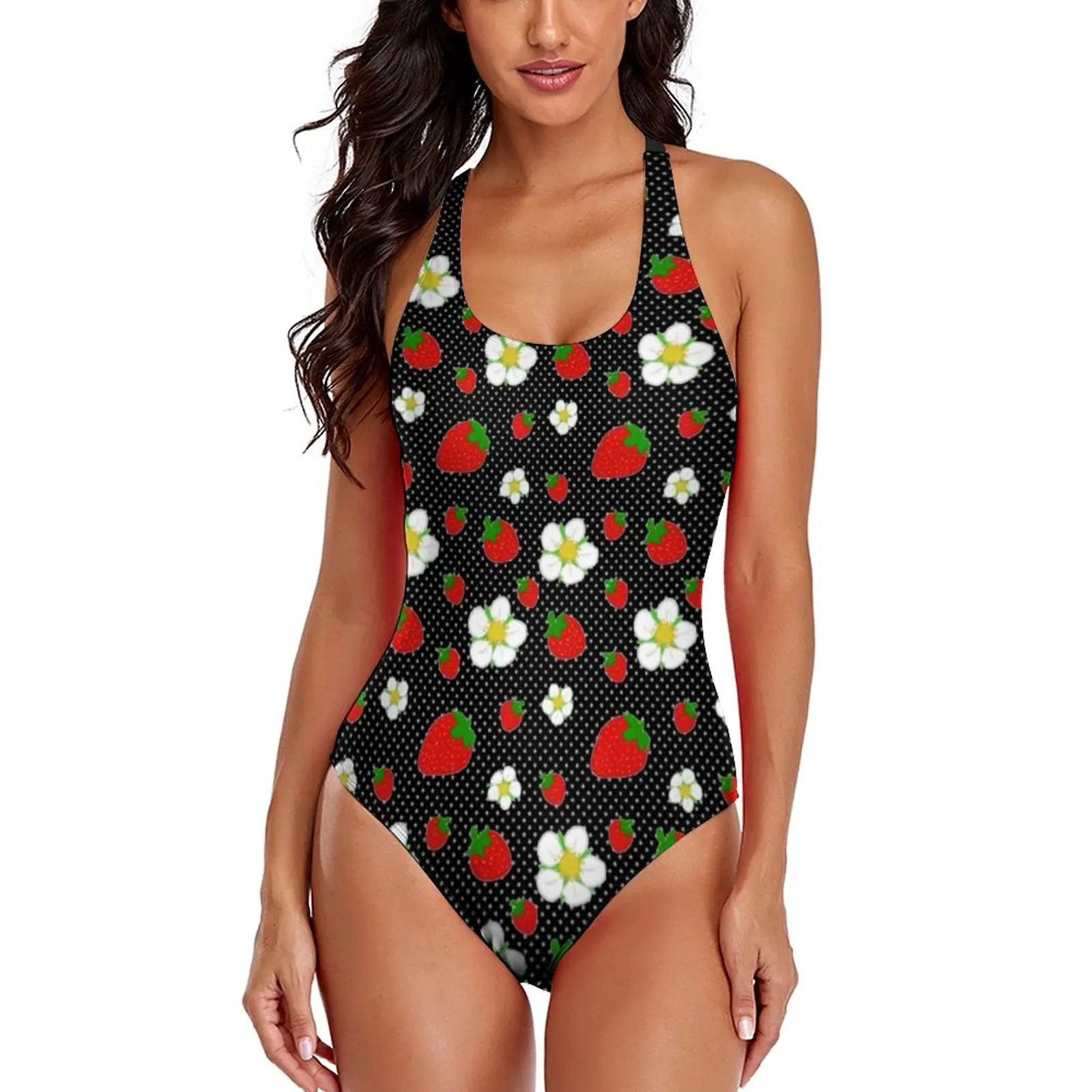 

Cute Fruit Flower Swimsuit Red Strawberry Dots Print Swimwear One Piece Bathing Suits Sexy Elegant Surfing Swimsuits Large Size
