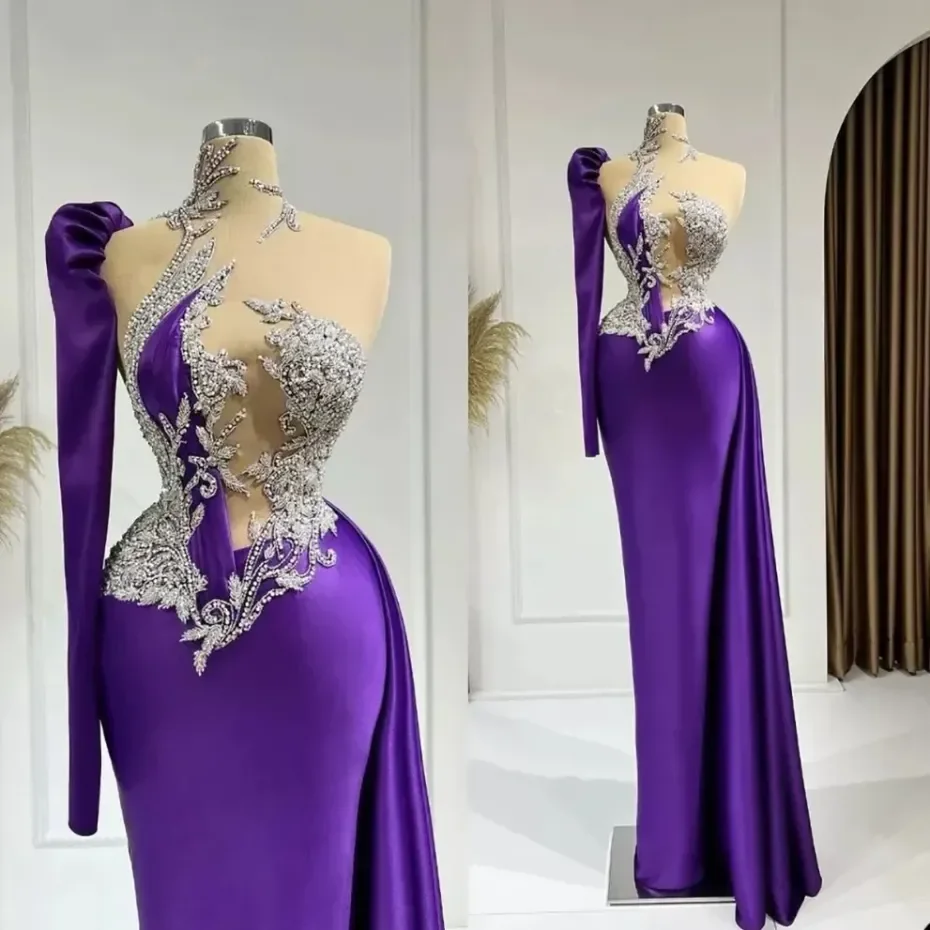 

Custom Evening Dresses Trumpet One-Shoulder Long Sleeve Floor-Length NONE Train Crystal Beaded Sequins Satin Illusion