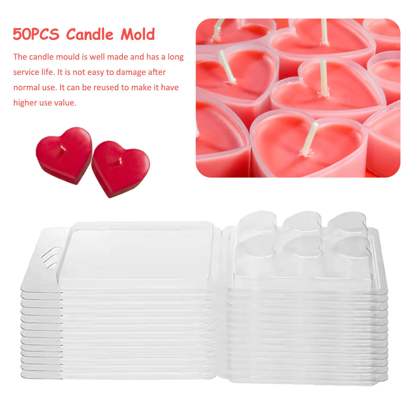 

50pcs Heart Shaped Candle Mold Transparent Durable Reusable Wax Melting Mould Aromatherapy Candle Molds Valentine Gift Pvc
