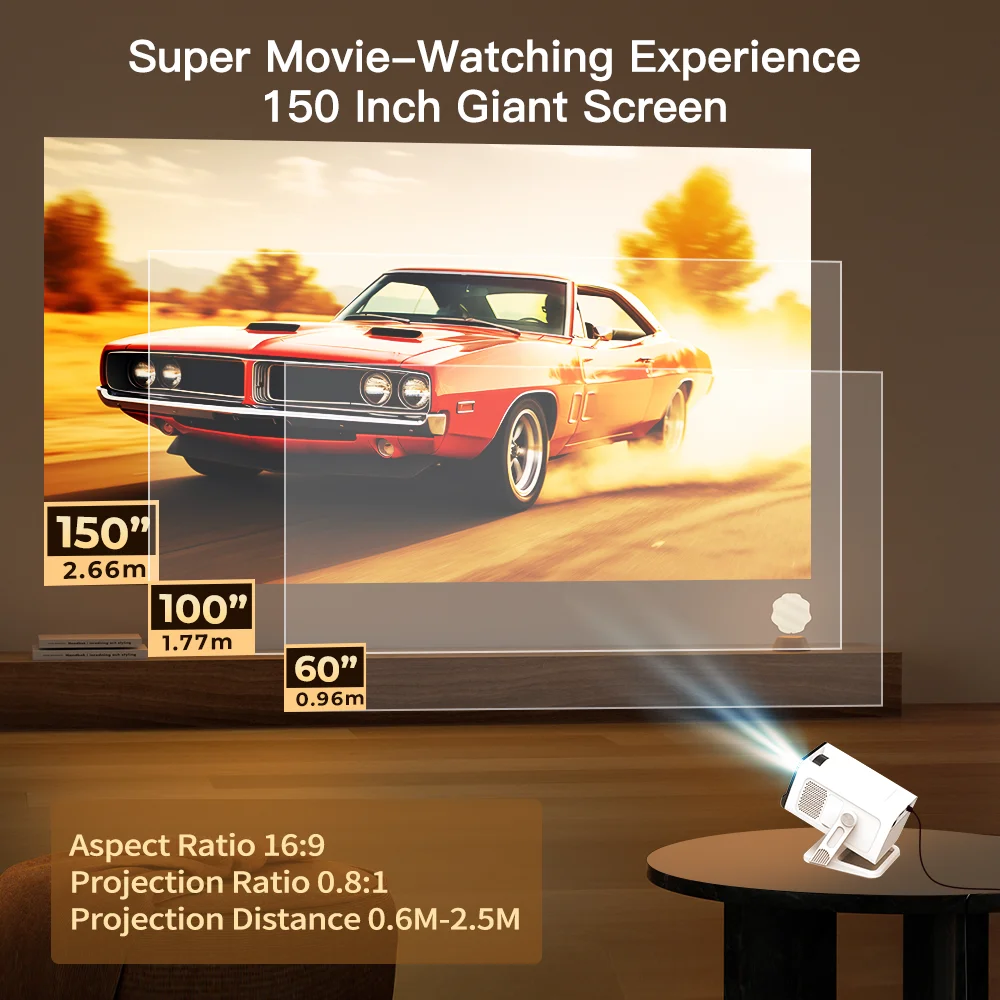 Фото Портативный мини-проектор с Android TV и 4K, поддержка 1080P, WiFi 6 и Bluetooth 5.4, короткофокусный Beamer для домашнего кинотеатра и просмотра на улице №4