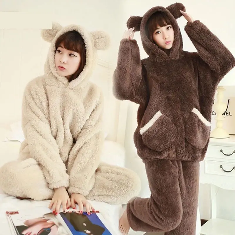 Velvet Pants Home Wear Winter Pajamas for Women Flannel Thick Warm Cartoon Bear Nightwear Adult with Hood Girls Lounge Set