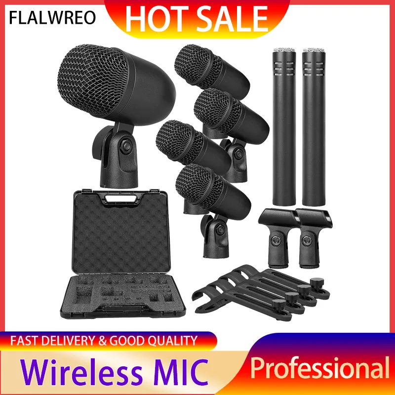 Фото FLALWREO Проводной динамический барабанный микрофон Bass/Kick Instrument Tom/Snare, набор микрофонов для студийной записи и живого выступления №1