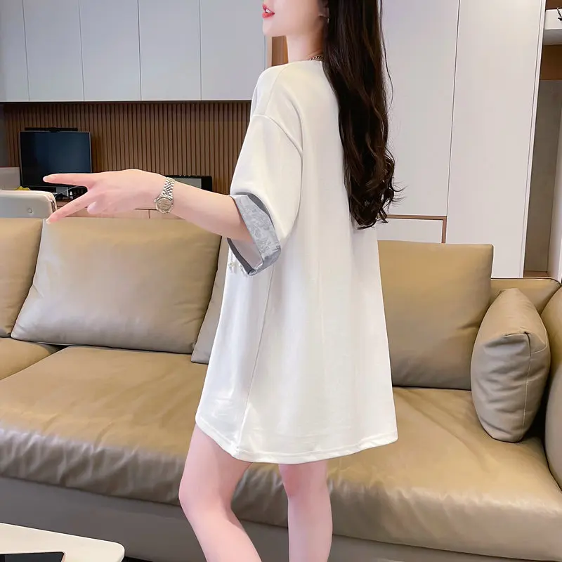 #0662 черно-белая винтажная длинная футболка Женская свободная хлопковая с