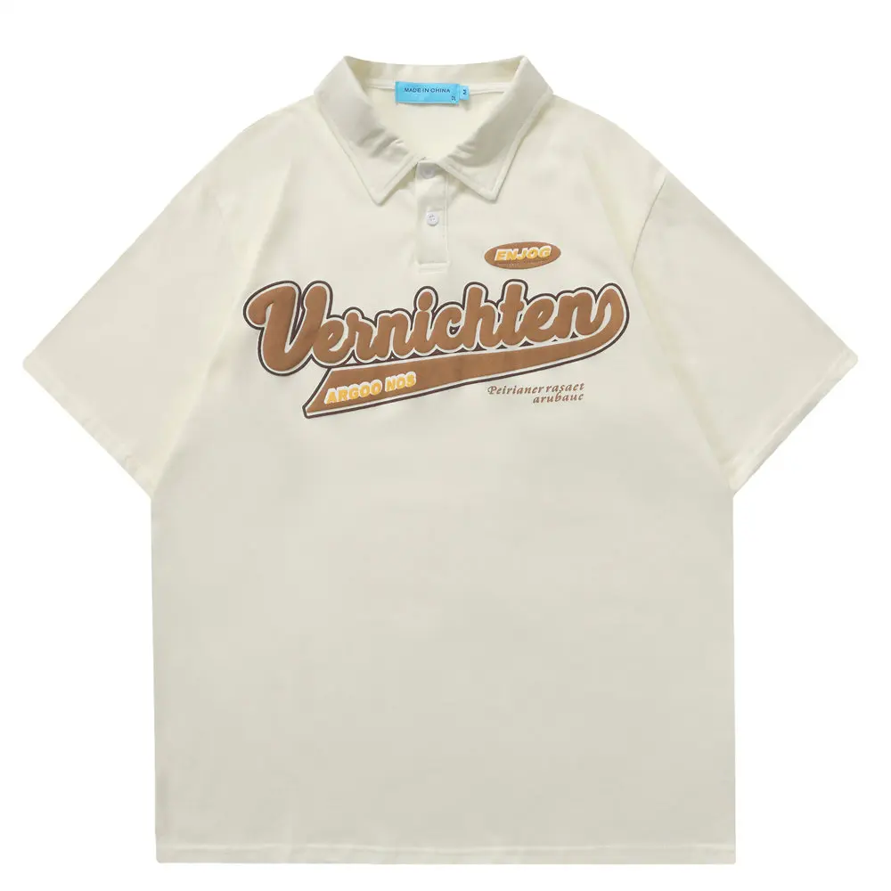 

Polo Shirts Foaming Printing Letters Turn-down Collar Cotton T-shirt Men's Clothing Streetwear Casual Oversized T Shirt for Men
