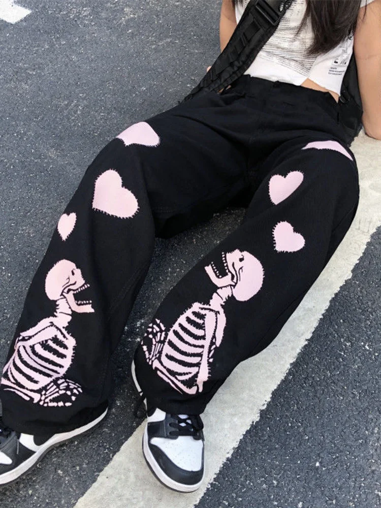 

Summer Hip Hop Love Graphic Skull Print Pants Women Punk Loose Straight Pants Grunge Wide Leg Casual Trousers Streetwear Gothic