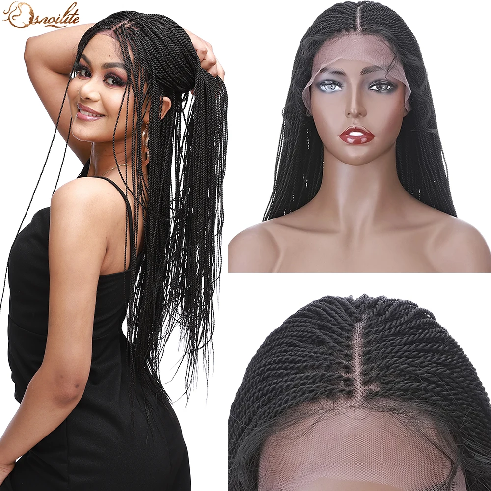 S-noilite Synthetic 30inch Ombre Middle Part Senegalese Twist Braided Wig Long Black Lace Front Braiding Hair Wig With Baby Hair