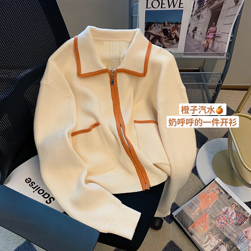 

2022 New Cardigan Zipper Women'S Sweater Warm Lapel Kasua Knitting Rib Korean Fashion Spring And Autumn Dress Sweet Long Sleeve