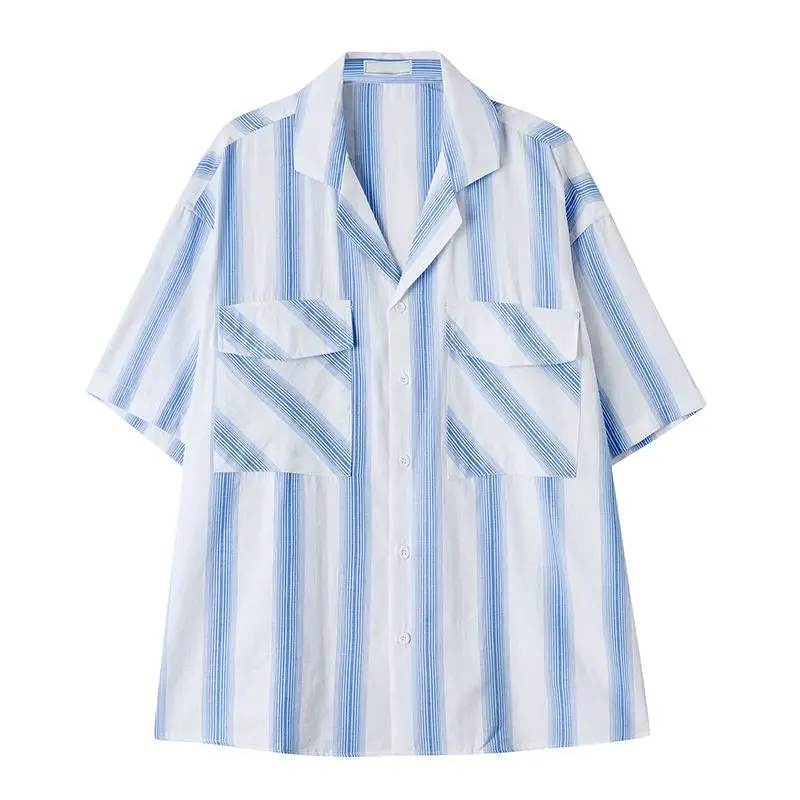 Japanese Retro Stripe Blue Short Sleeve Shirt 2022 Summer New Loose Casual Blouse Elegant Menswear Fashion Clothing