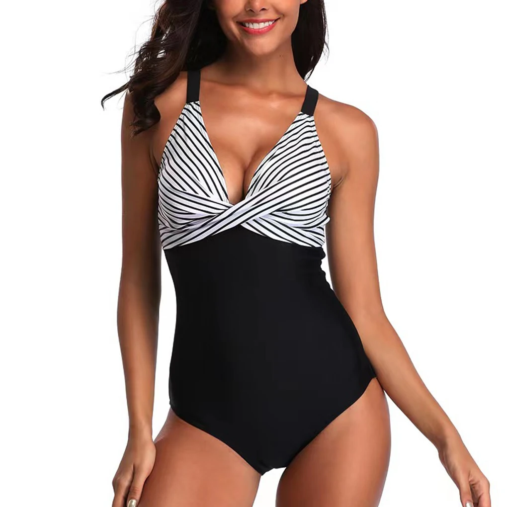 

Женский купальник в полоску, эластичный купальный костюм с V-образным вырезом, с открытой спиной, пляжная одежда, большие размеры, 1 шт., на лето