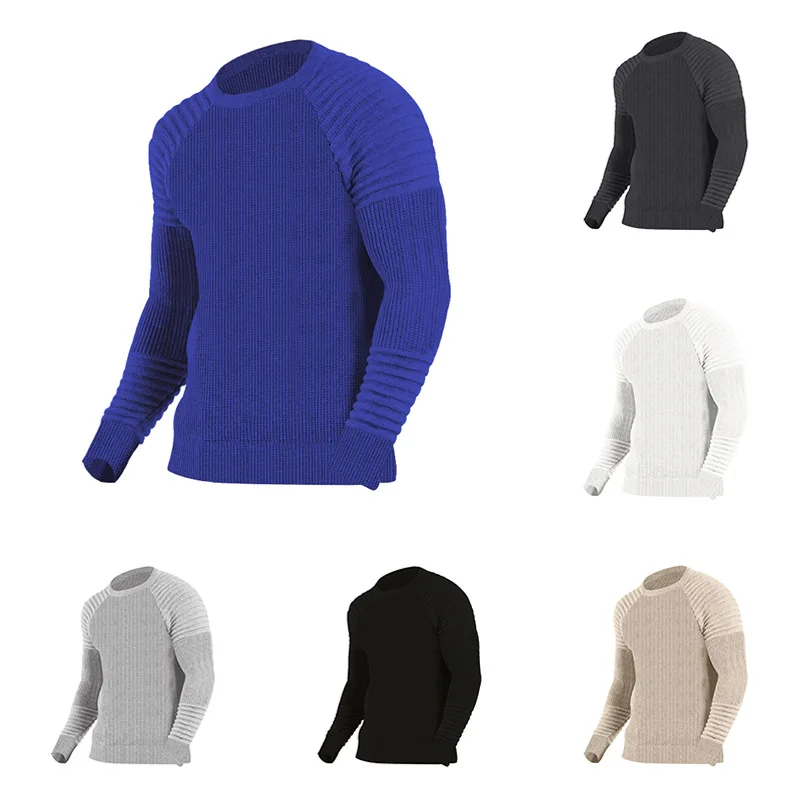 Rib Knit Crew Neck Men's Pullover Sweater Fashion Autumn Winter Slim Fit Solid Color Round Neck Man Keep Warm Trim Sweatshirt