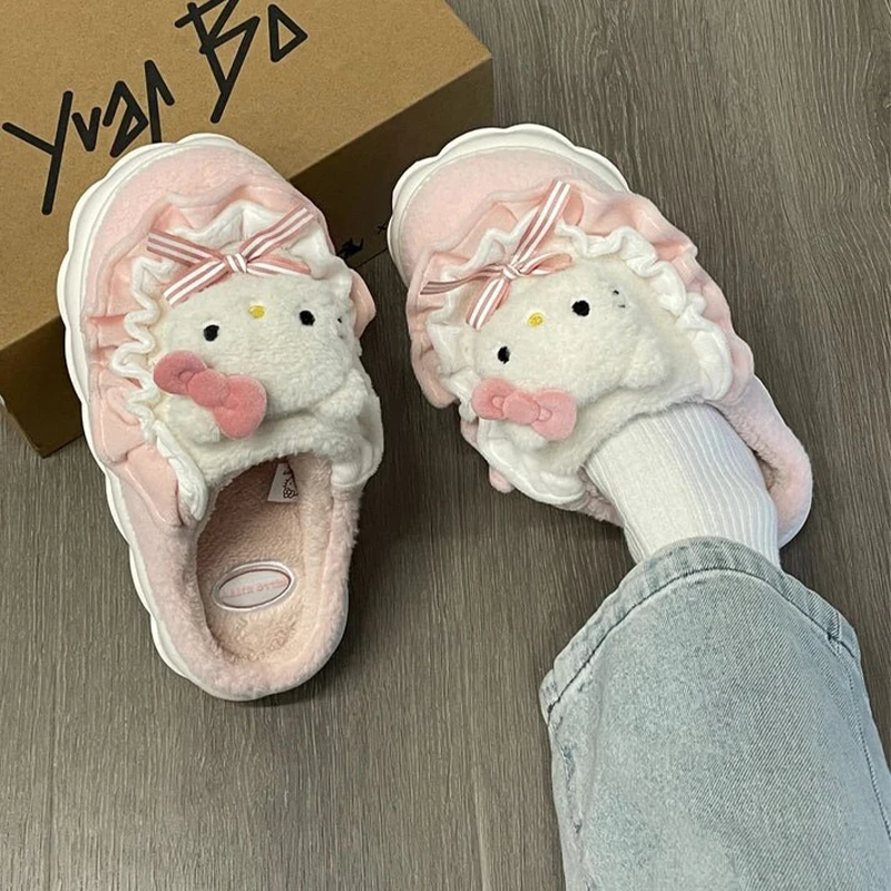 Пушистые тапочки Hello Kitty My Melody Kuromi женские Kawaii пушистые домашние милая обувь