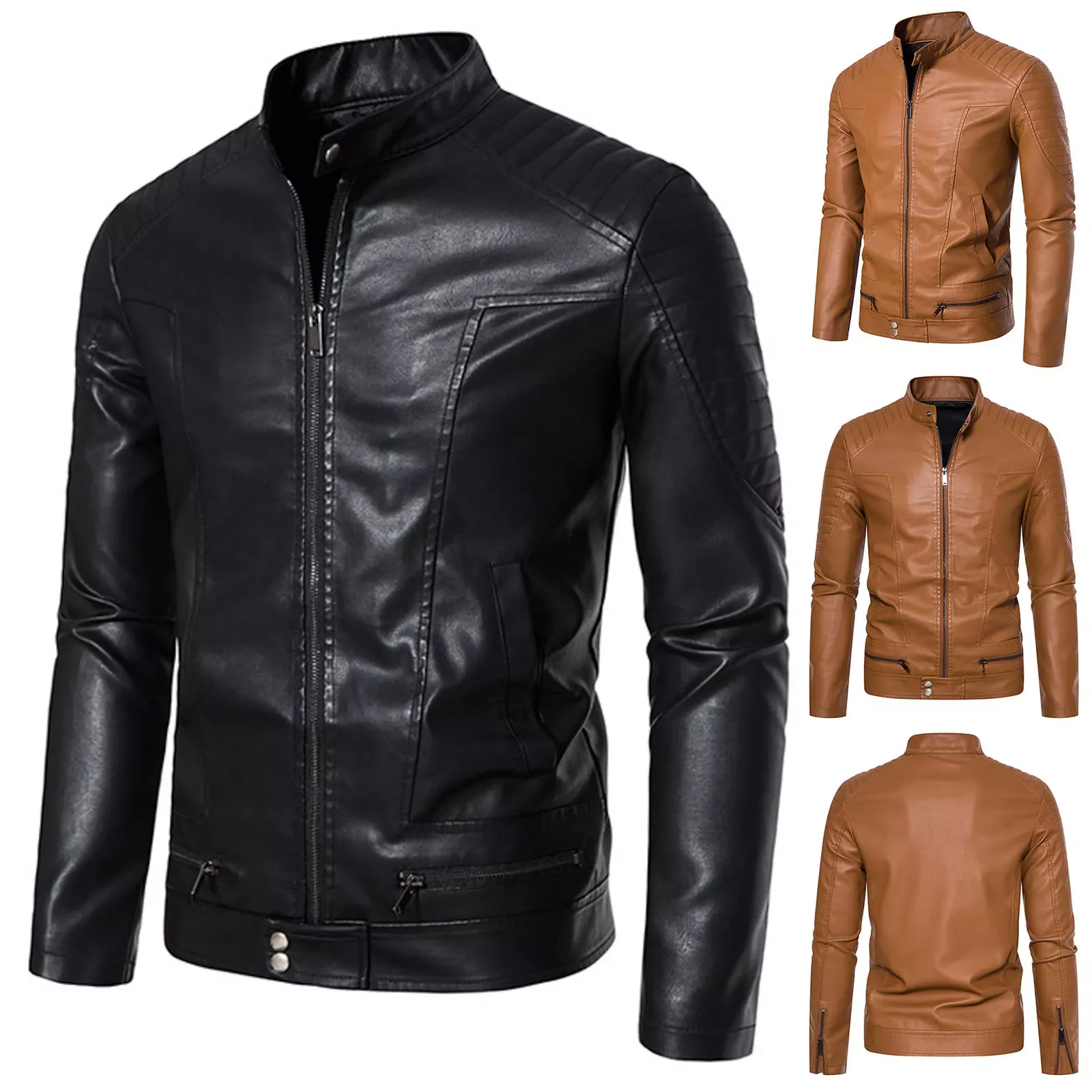 

NEW IN Mens Spring And Autumn Solid Color Zip Pu Leather Jacket Short Lapel Motorcycle Leather Jacket Coat B3 Jacket
