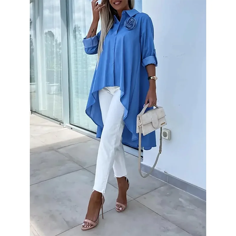 Однотонные блузки и рубашки Tinaa с коротким рукавом высоким воротником карманами