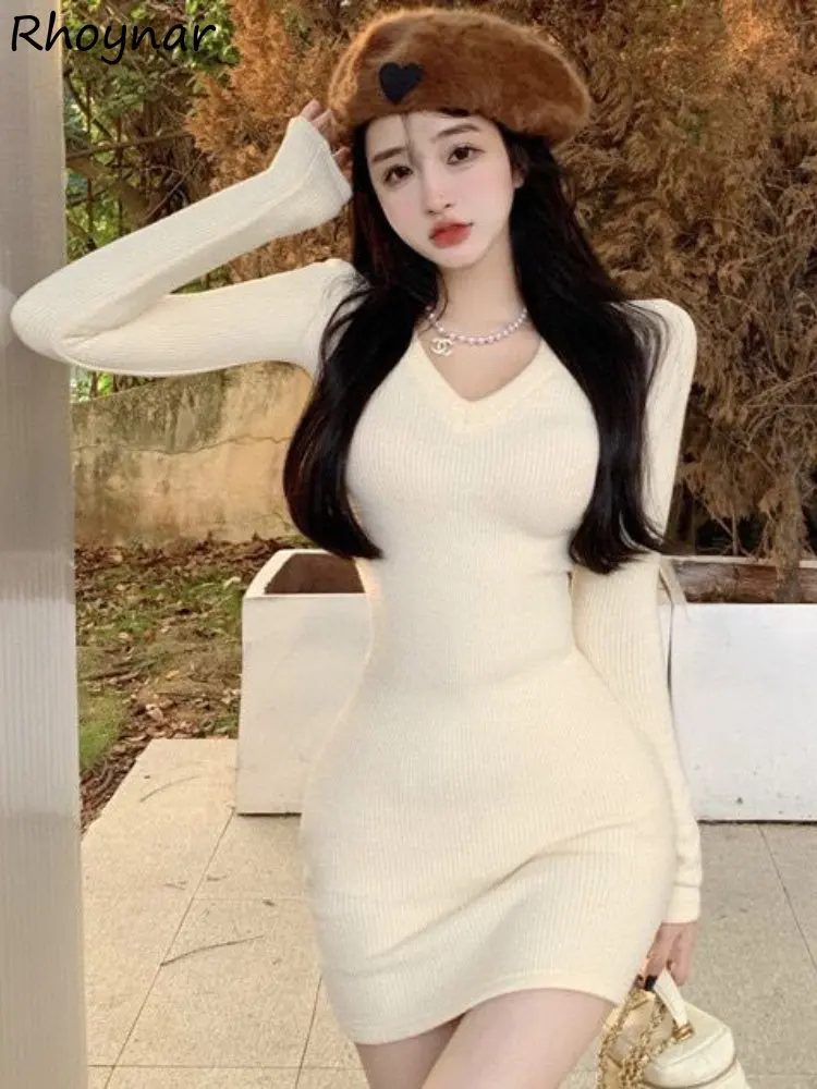

Sheath Mini Dress Women Young Autumn New Sexy Ladies Korean Fashion Clothes Solid V-neck Vestidos Tender College Casual Temper