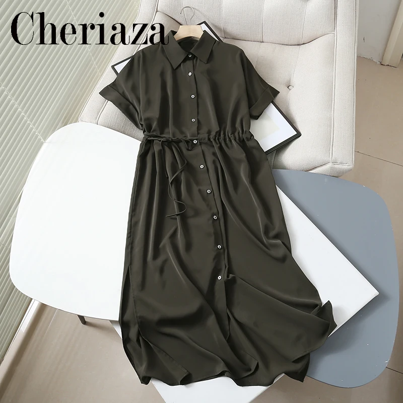 

2022Summer Woman Shirt Style Single Breasted Dress Office Lady Commute Solid Color Short Sleeve Adjustable Drawcord Midi Skirt