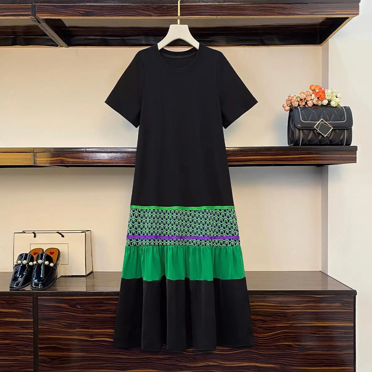 

2023 Summer New Loose Women T-Shirt Dresses Print Floral Patchwork Black Color Dress Ladies Vestido Oversize 5XL Robe