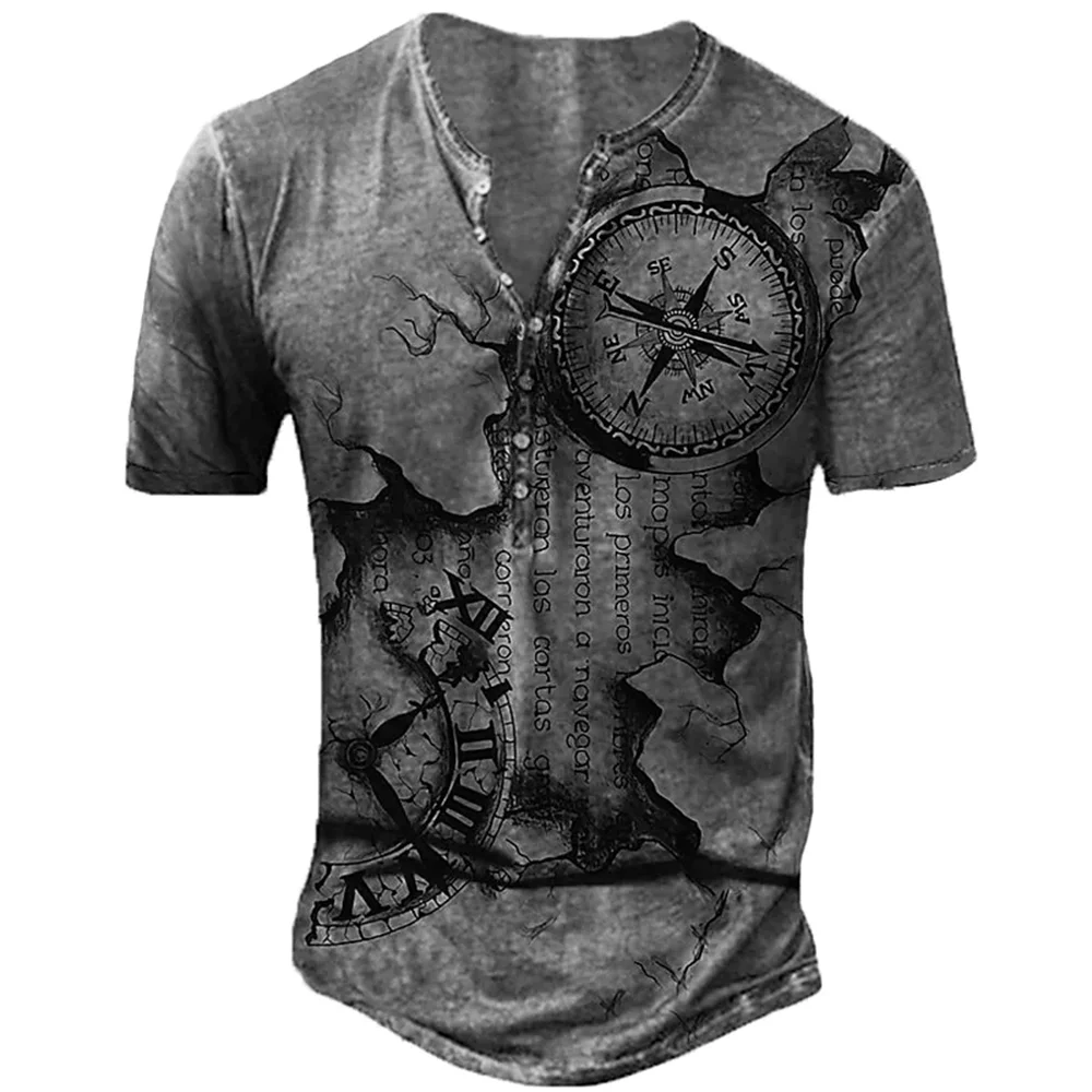

Mens Summer Short Sleeve Vintage Navigation Compass V-neck Button Henley T Shirt