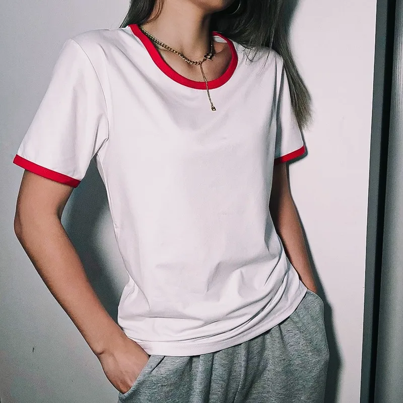 

Solid Colors Contrast Sleeve T Shirts Loose O Neck Short Sleeve Tops Women Summer Oversized Green Black T-Shirt All Match Tees