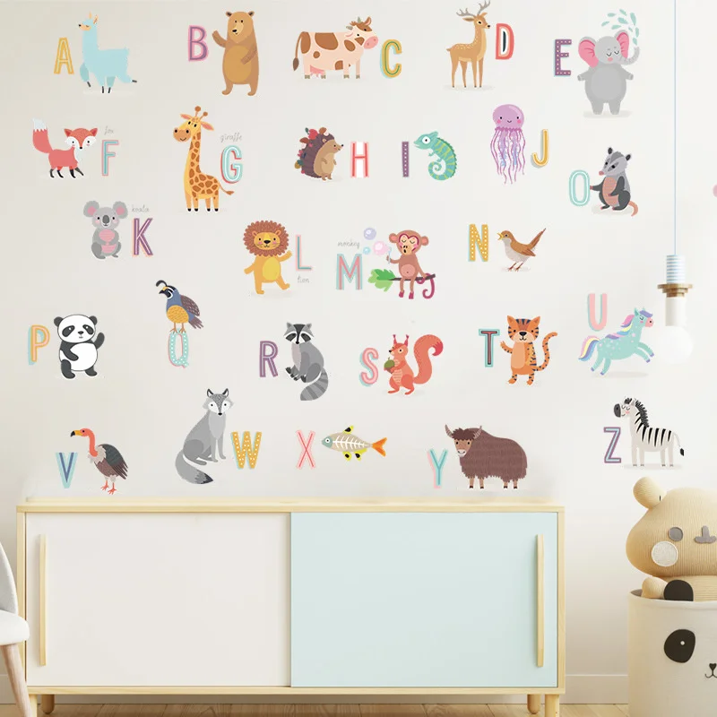 

Funny Cartoon Animals 26 English Letters Preschool Education Stickers Children's Room Kindergarten Cute Self-adhesive Wall Paste