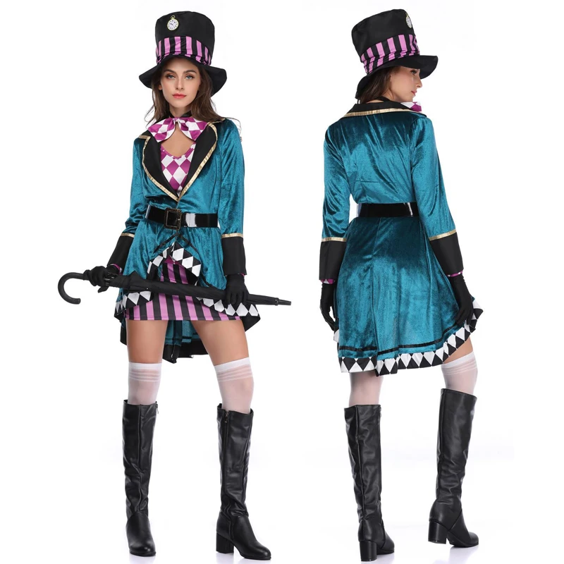 

Для взрослых женщин Алиса сумасшедшая юбка для косплея Шляпа Пальто Пояс перчатки костюм Магическая Униформа Хэллоуин Карнавал искусственная одежда