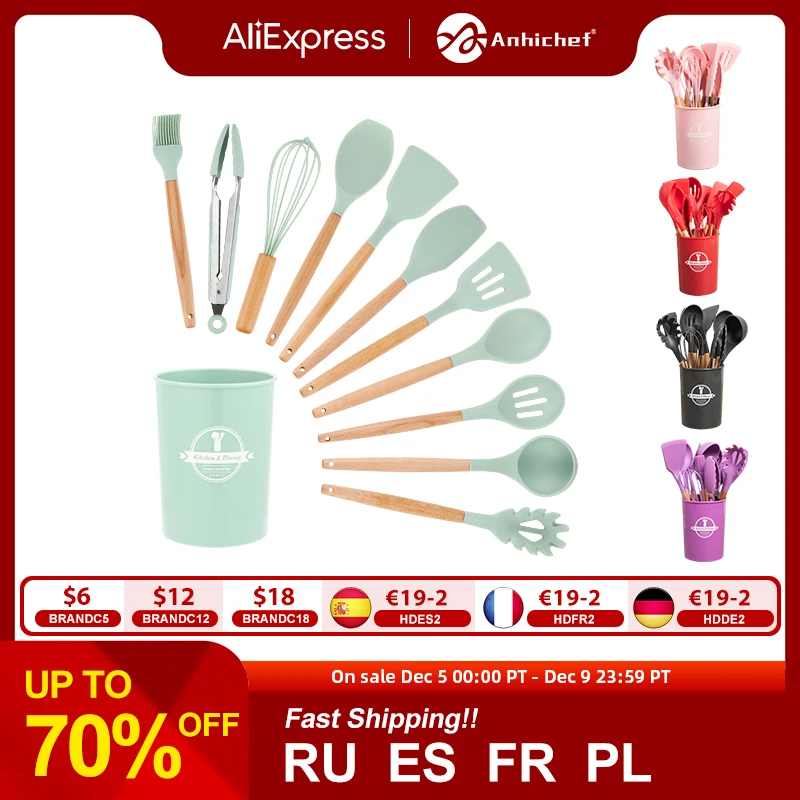 Silicone Kitchen Utensils Set Non-Stick Cookware for Kitchen Wooden Handle Spatula Egg Beaters Kitchenware Kitchen Accessories
