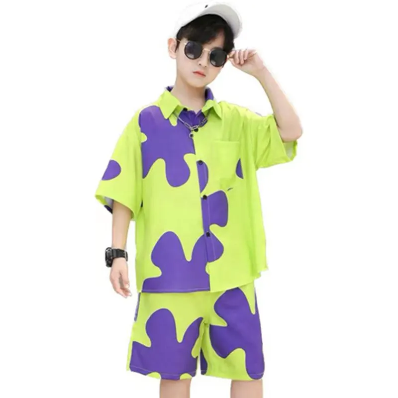 Summer Kids New Fashion Print For Big Boys Clothes Suit Ice Silk Shirt Top+Shorts 2pcs Green Purple White Children Clothing Sets