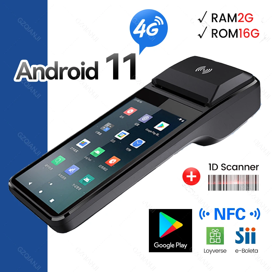 

Android11 Handheld POS PDA Terminal WIFI 4G NFC With Bluetooth 2+16GB Mobile Touch POS 58mm Printer Support Google Play Loyverse