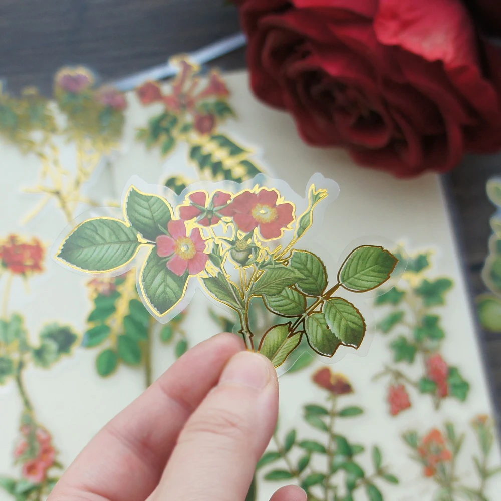 

28pcs Gold Frame Tropical Passionate Red Flowers Style PVC Sticker Scrapbooking DIY Gift Decoration Tag