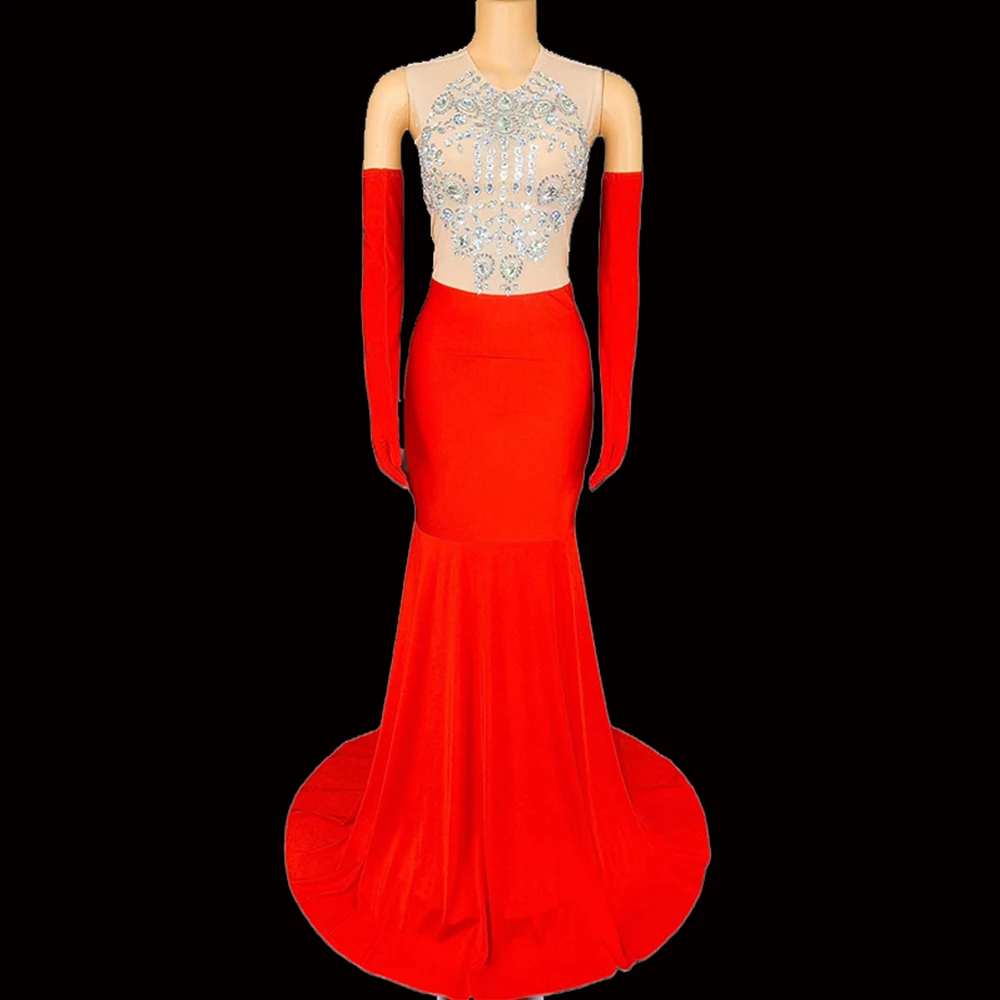 

Women Sexy Sparkly Rhinestones Dress with Gloves Birthday Party Evening Prom Long Train Gown Dress Singer Stage Club Host Dress