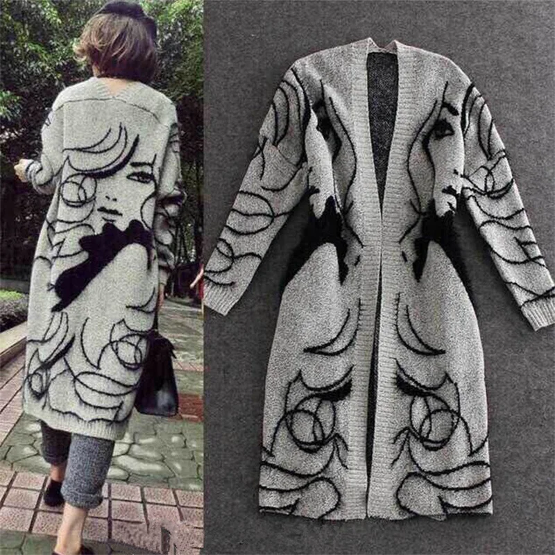 

2024 NEW Spring Autumn Soft Knitted Cardigan Women Long Sweater Coat Fashion Korean Loose Print Cardigan Sweater Knitted Jacket