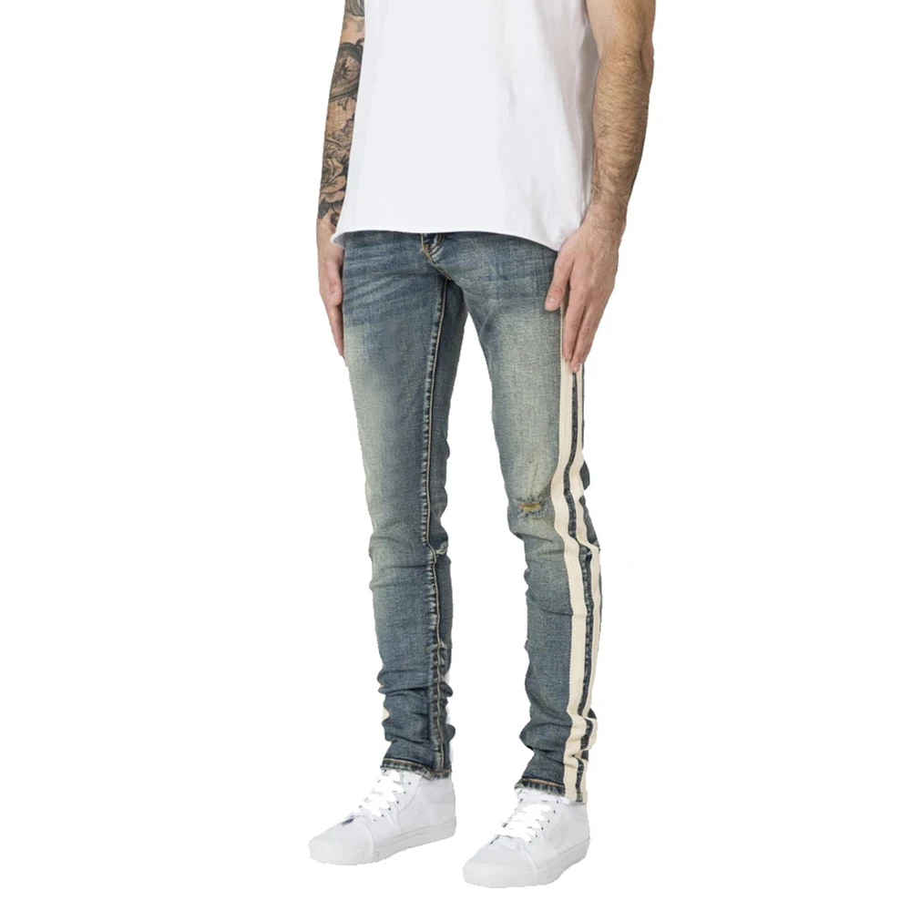 Double Strie Jeans Men Trend Hole Straight High Street Denim Trousers Slim Fit New Light Blue Bleached Out  Harajuku Streetwear