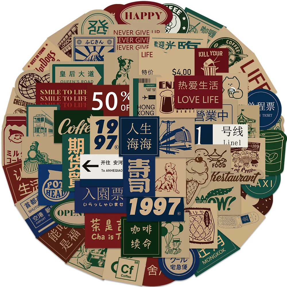 

65pcs Vintage Hong Kong Style Collage stickers Graffiti Decal DIY Suitcase Phone Scrapbook Laptop Phone Car Sticker