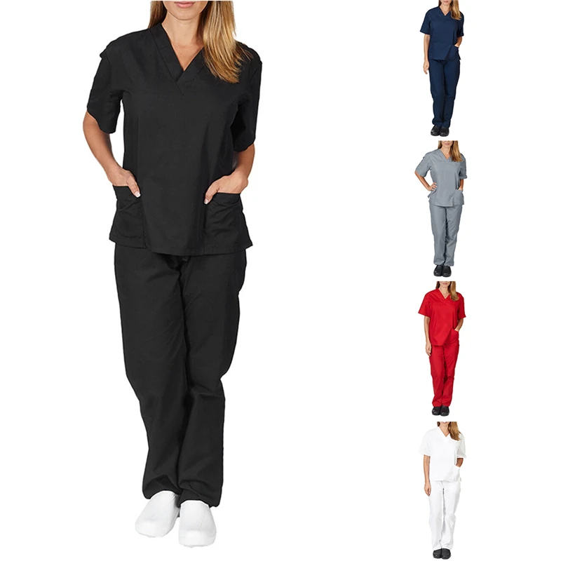 Women Men Workwear Short Sleeve V-neck Tops+Pants Nursing Working Uniform Suit Scrub Uniform Overalls Clothes