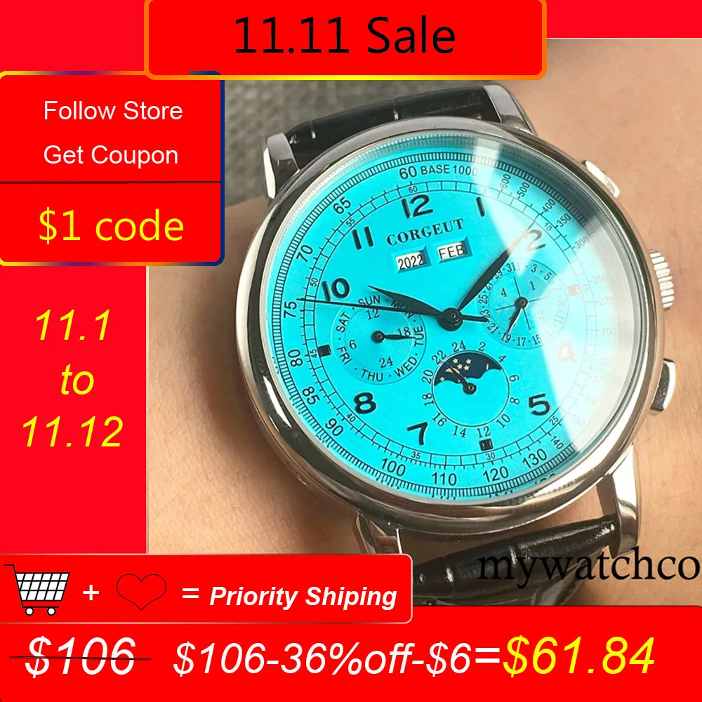 Pаспродажа 42 мм Corgeut розовый/синий/черный/белый циферблат розовое золото/серебро автоматические мужские часы месяц недели года Луна фаза функция Кожан...