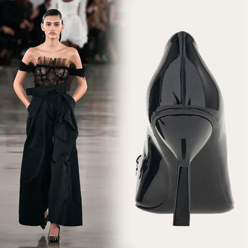 Французские туфли-лодочки из лакированной кожи с квадратным носком и бантом