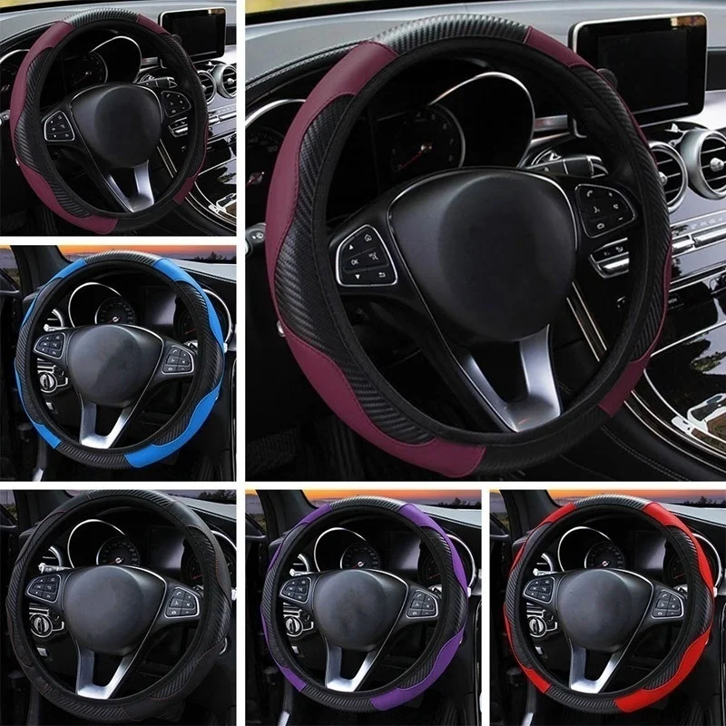 

1Pc Car Steering Wheel Cover Carbon Fiber Leather Steering-Wheel Covers Anti Slip Suit For 37-38cm Diameter Interior Accessories