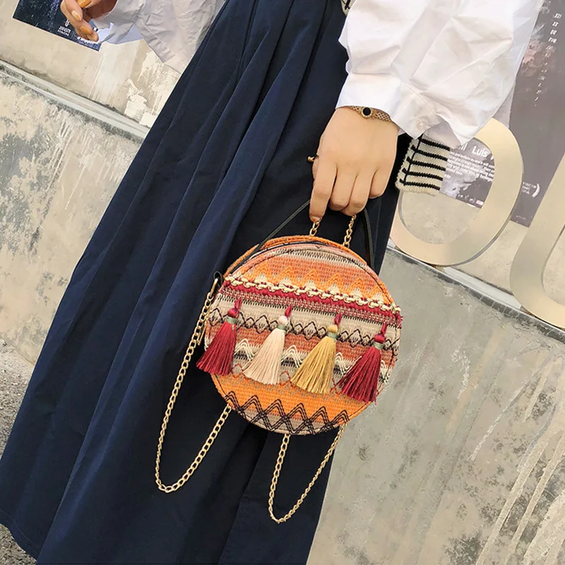 Korean Style Trendy Messenger Bag Bohemia Ethnic Fringe Round Satchel Bag Chain Women Shoulder Travel All-match Storage Handbag
