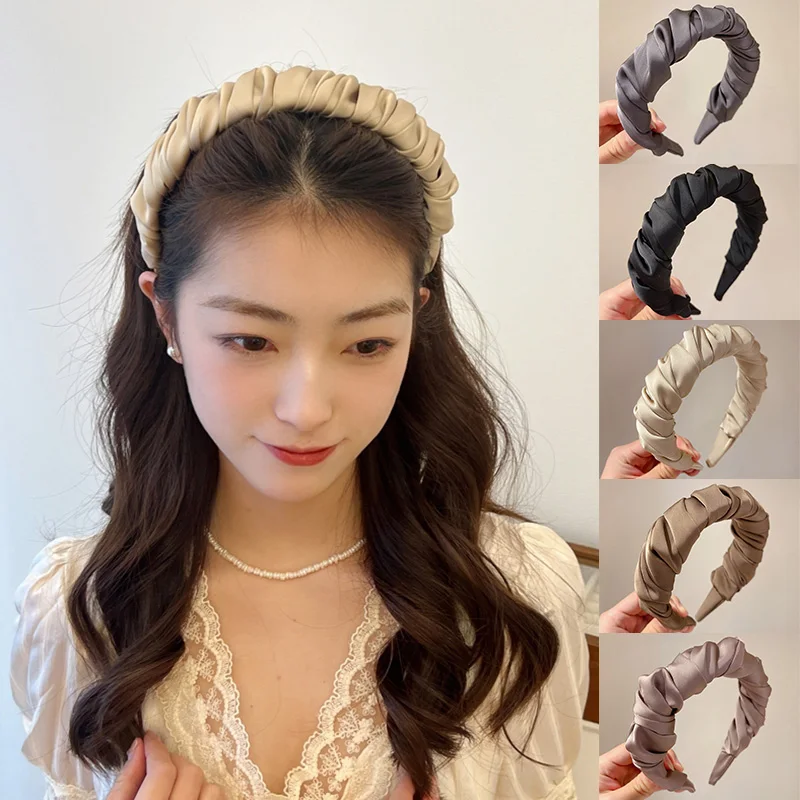 

French Vintage Head Hoop Winding Craft Satin Wide Hair Hoop Silky Satin Pleated Headband Fashion Hair Accessories DIY Handmade
