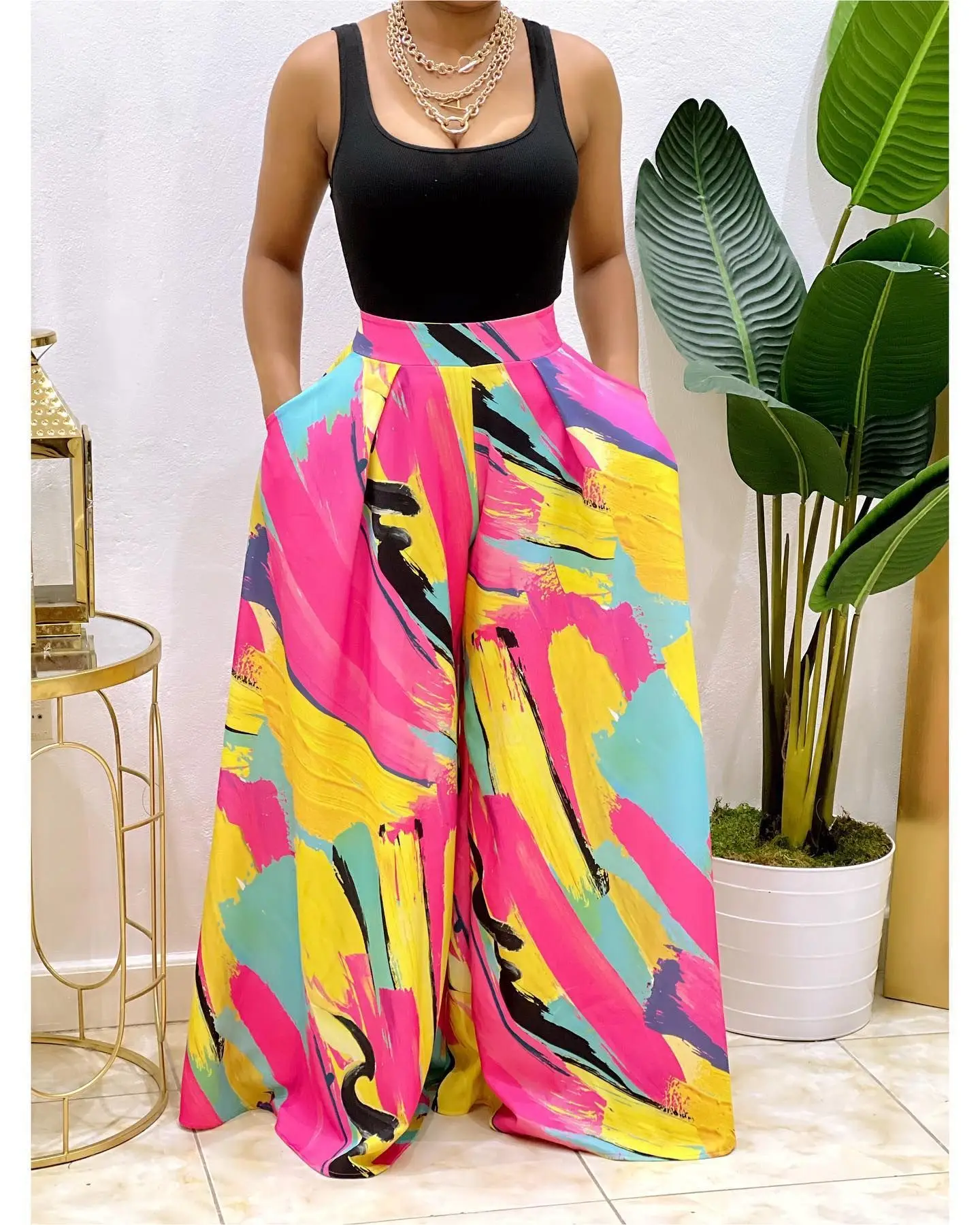 

Womens Straight Printed High Waist Wide Leg Pants Loose Streetwear Woman Clothes Trousers Female Casual