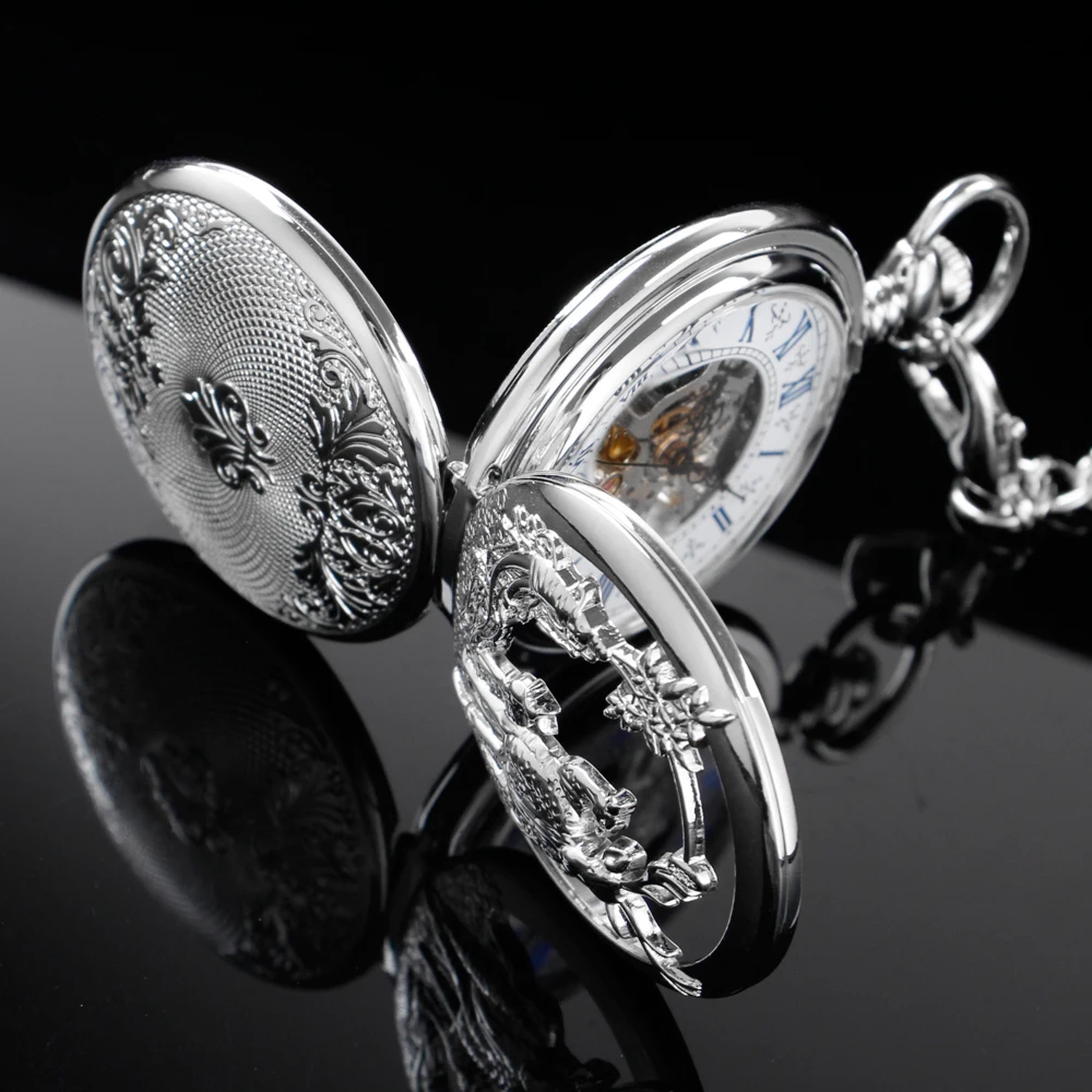 Deer Sculpture Double-Open Pocket Watch Mechanical Men's Hand Style Steam Punk Necklace Fob Watch Chain Roman Digital Clock Gift