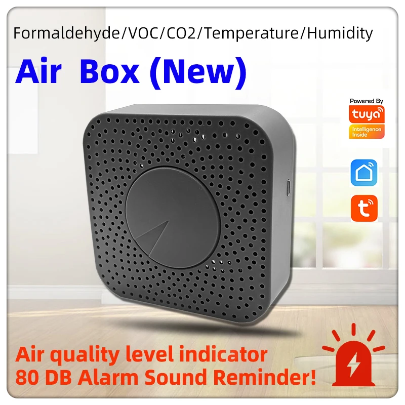 

Wireless Formaldehyde Voc Carbon Dioxide Temperature Humidity Sensor 80 Decibels Alarm Air Quality Level Detector Alarm Tuya