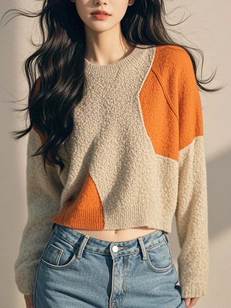 Brown Patchwork Round neck sweater Women 2024 Autumn and Winter New Retro French sle Graceful High Sense Knit Top