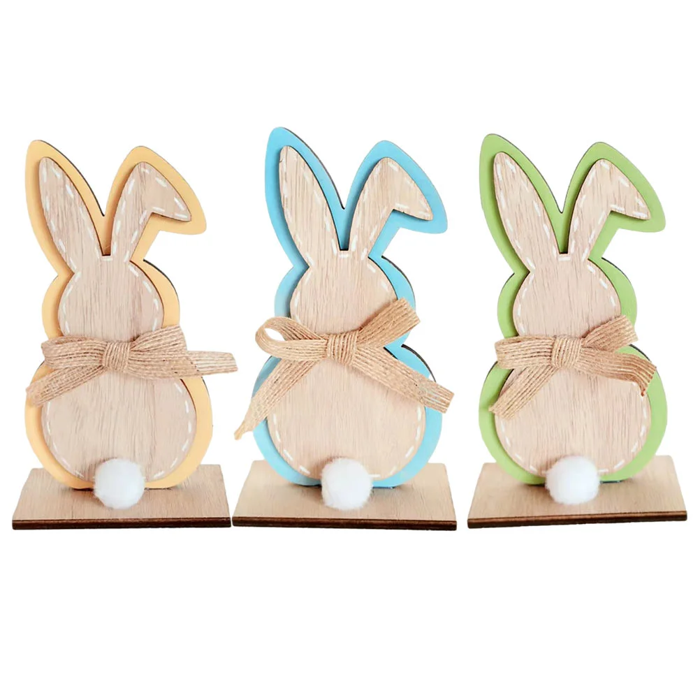 

3pcs Wooden Easter Adornments Lovely Wooden Bunny Decors Household Party Decors