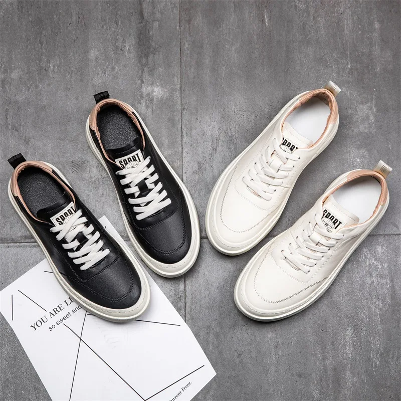 

2022 Genuine Leather Mens Casual Shoes Cool Young Man Street Style Cow Leather Male Footwear Black White Shoes New Fashion Casua