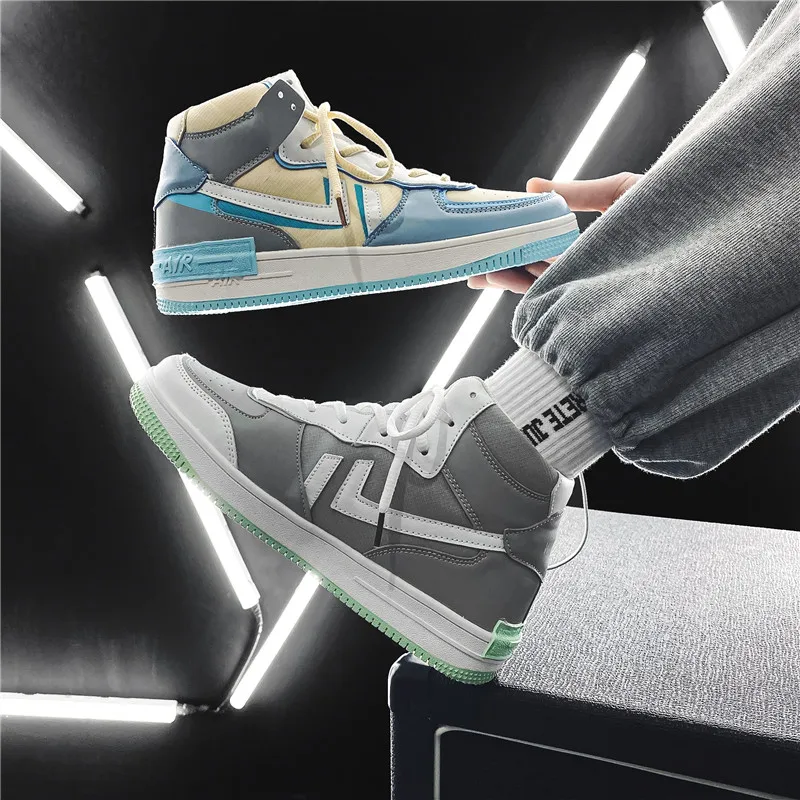 

2021 Spring New Men Sport Shoes High-top Fashion Breathable Men's Leather Casual Sneakers Leisure Board Shoes Zapatillas Hombre