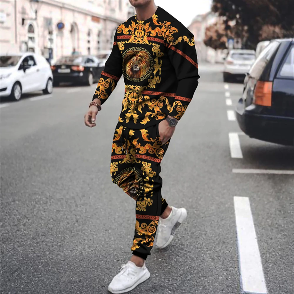 Latest summer men's clothing suit sportswear long-sleeved T-shirt + sweatpants suit casual men's print oversized 2-piece suit