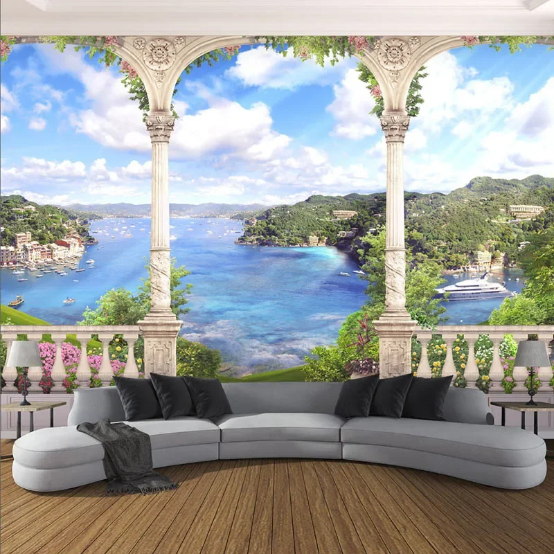 Фото Фотообои на заказ, 3D стерео, Рим, колонна, сад, озеро, пейзаж, фрески для гостиной, спальни, фон, настенная ткань, Papier Peint №1