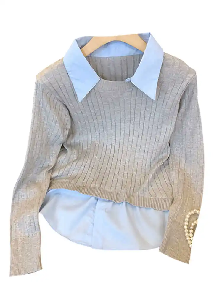 Женский серый пуловер с воротником поло свитер в стиле Харадзюку корейский